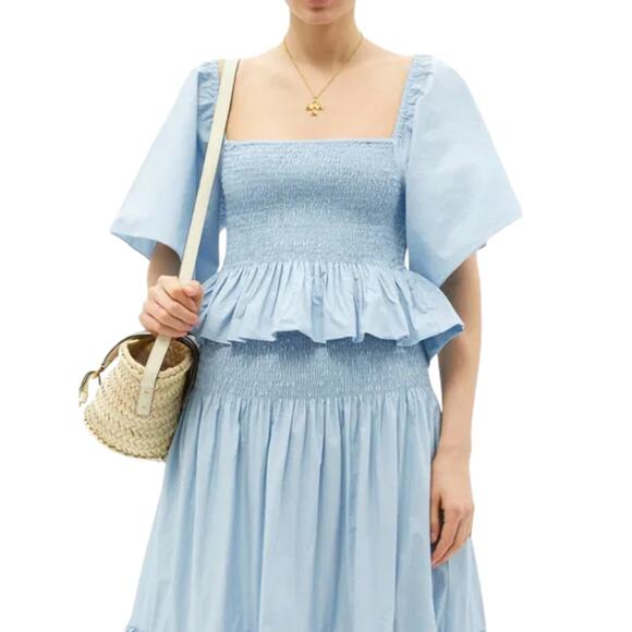 RHODE Elena Shirred Cotton Poplin Top Peplum Ruffle Hem Light Blue Size Small - Picture 1 of 7